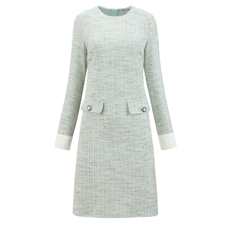 Tweed Formal Work Long Sleeve Sheath Dress Cyan Blue